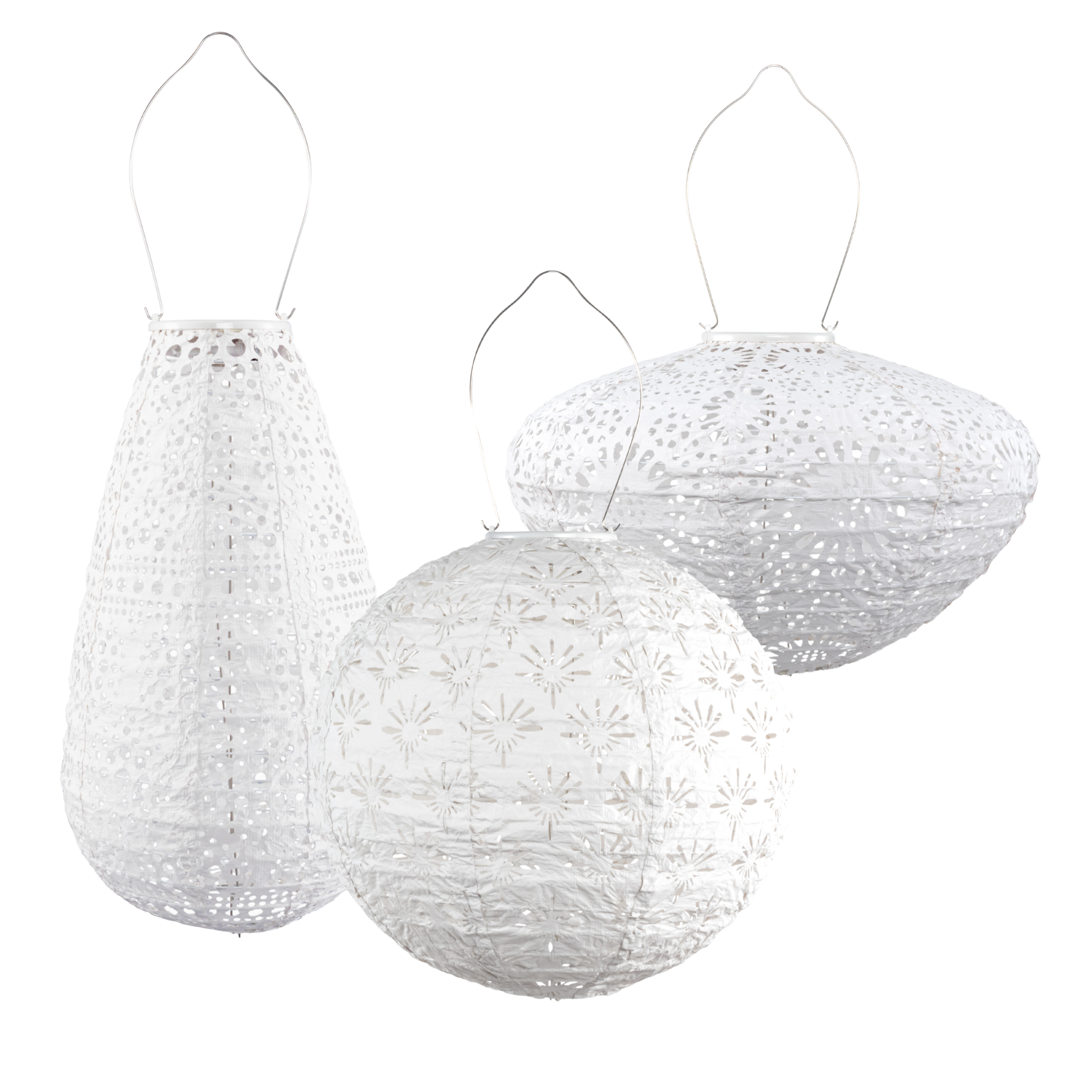 3-Pack Solar LED Lanterns – White Multi-Shape Outdoor Hanging