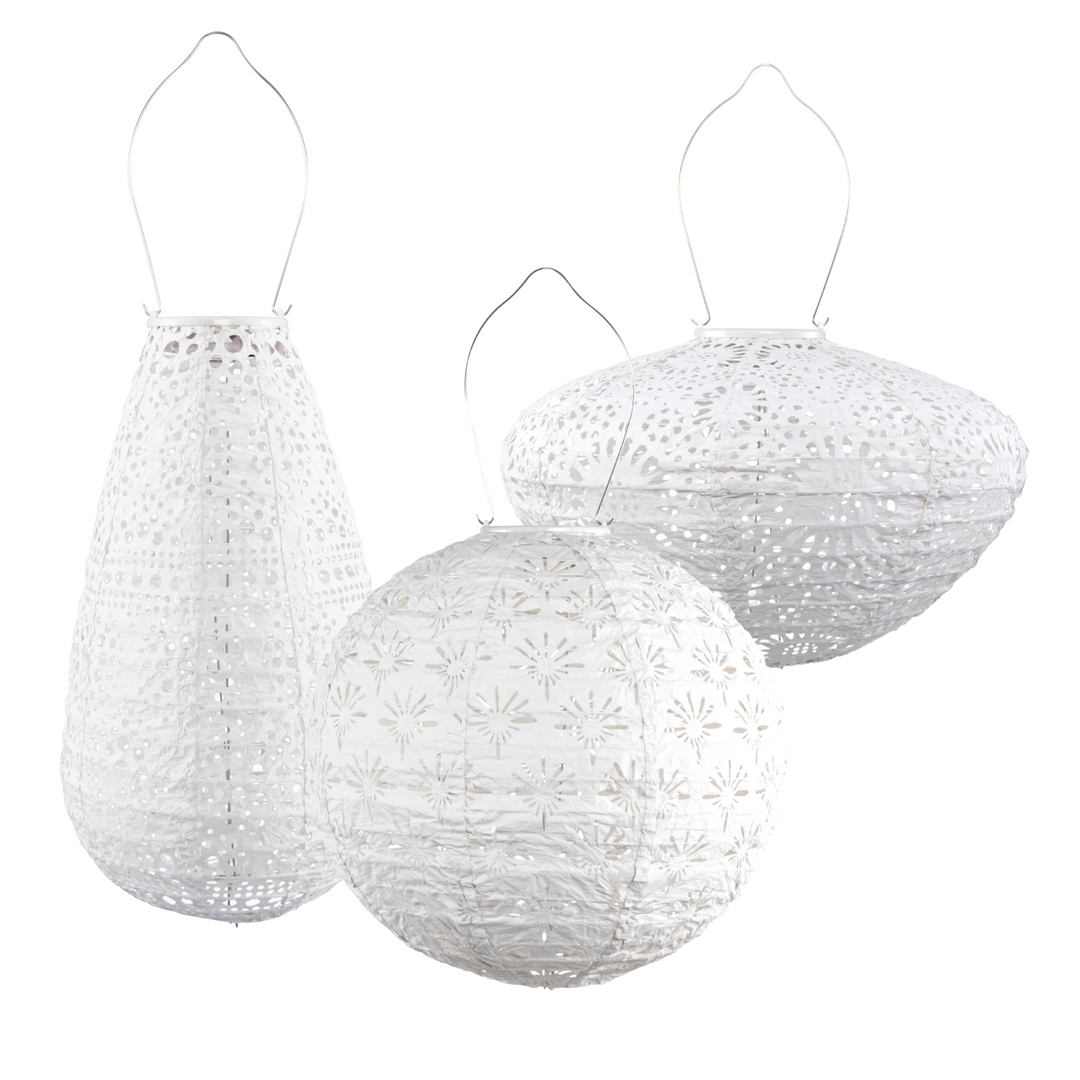 3-Pack Solar LED Lanterns – White Multi-Shape Outdoor Hanging