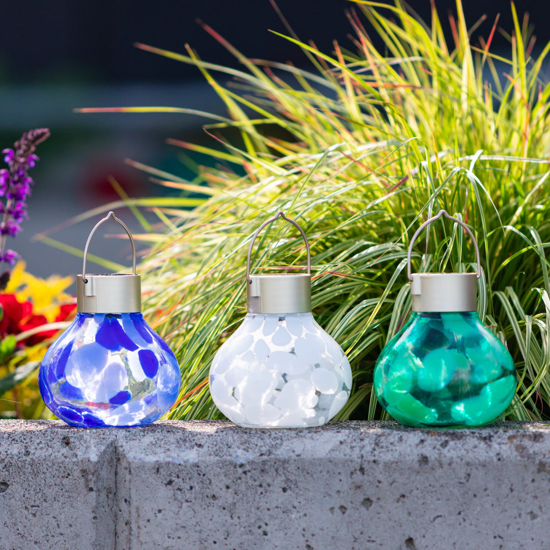 ネルデザインワークス GEO LANTERN SHADE Solar Glass Tea Lanterns 3-Pack – Multi-Colored Handblown Outdoor