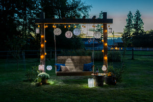 Solar lanterns in a garden at night