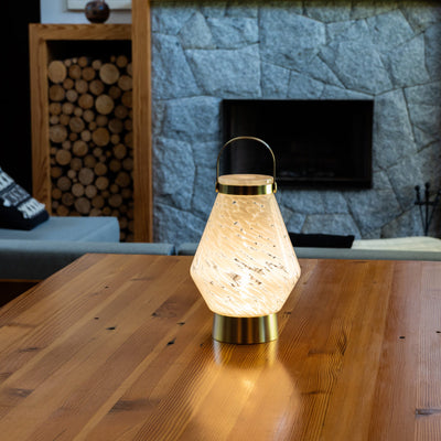 Lightkeeper USB rechargable handblown glass lantern on wood table