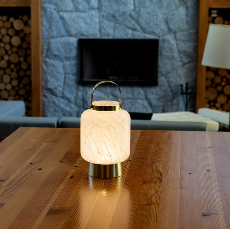 Lightkeeper USB rechargable handblown glass lantern on wood table