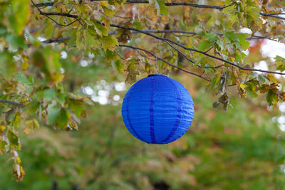 Cerulean Blue Soji Festival Solar Lantern hanging in tree