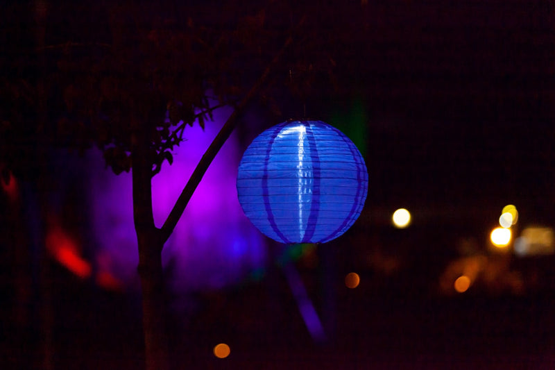 Cerulean Blue Soji Festival Solar Lantern glowing at night