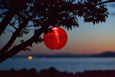 Warm Red Festival Solar Lantern glowing at night